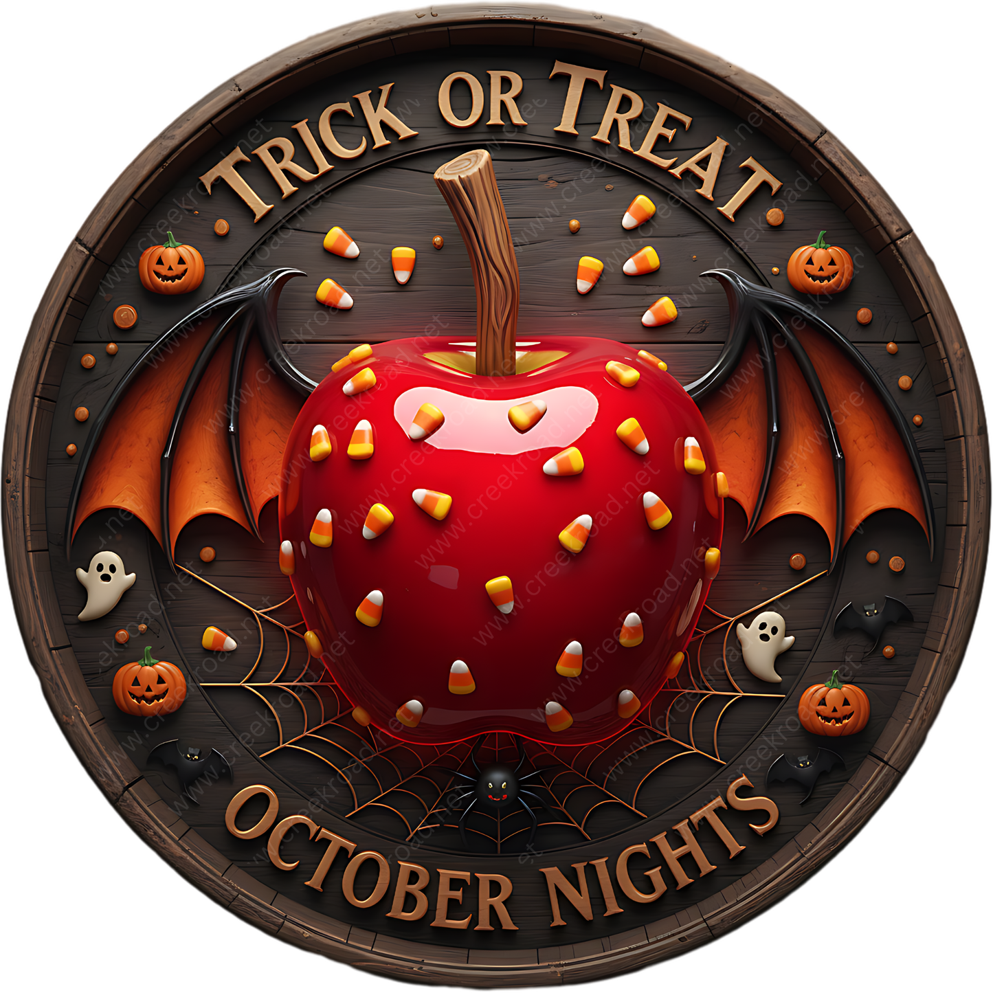 a Halloween-themed decoration with a large red apple, bats, candy corn, and a spider web. The text "Trick or Treat" and "October Nights" are displayed around the apple, indicating a festive celebration of Halloween.