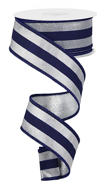 A silver and navy blue striped ribbon is shown, with the silver stripes appearing to be metallic and the navy stripes being a darker shade of blue.
