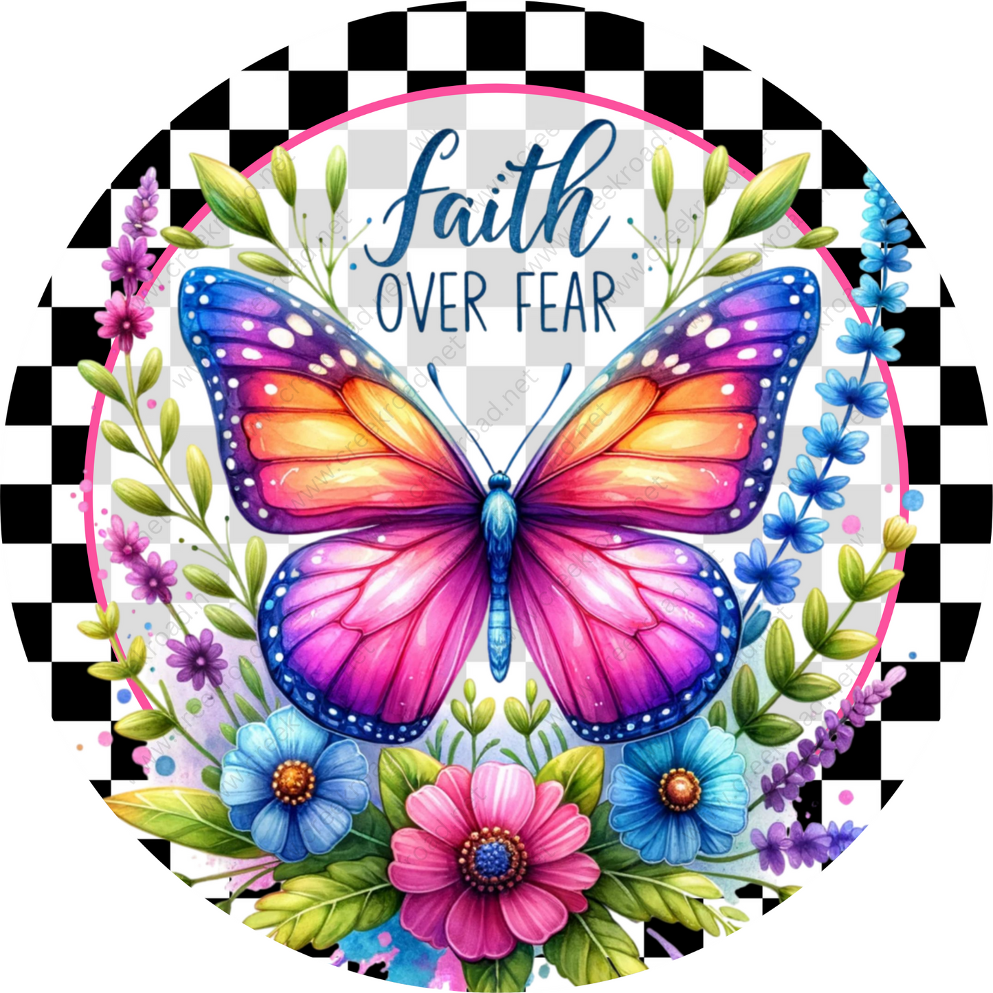 A colorful butterfly with a flower and leaves in the center of a checkered border, surrounded by various flowers and leaves.