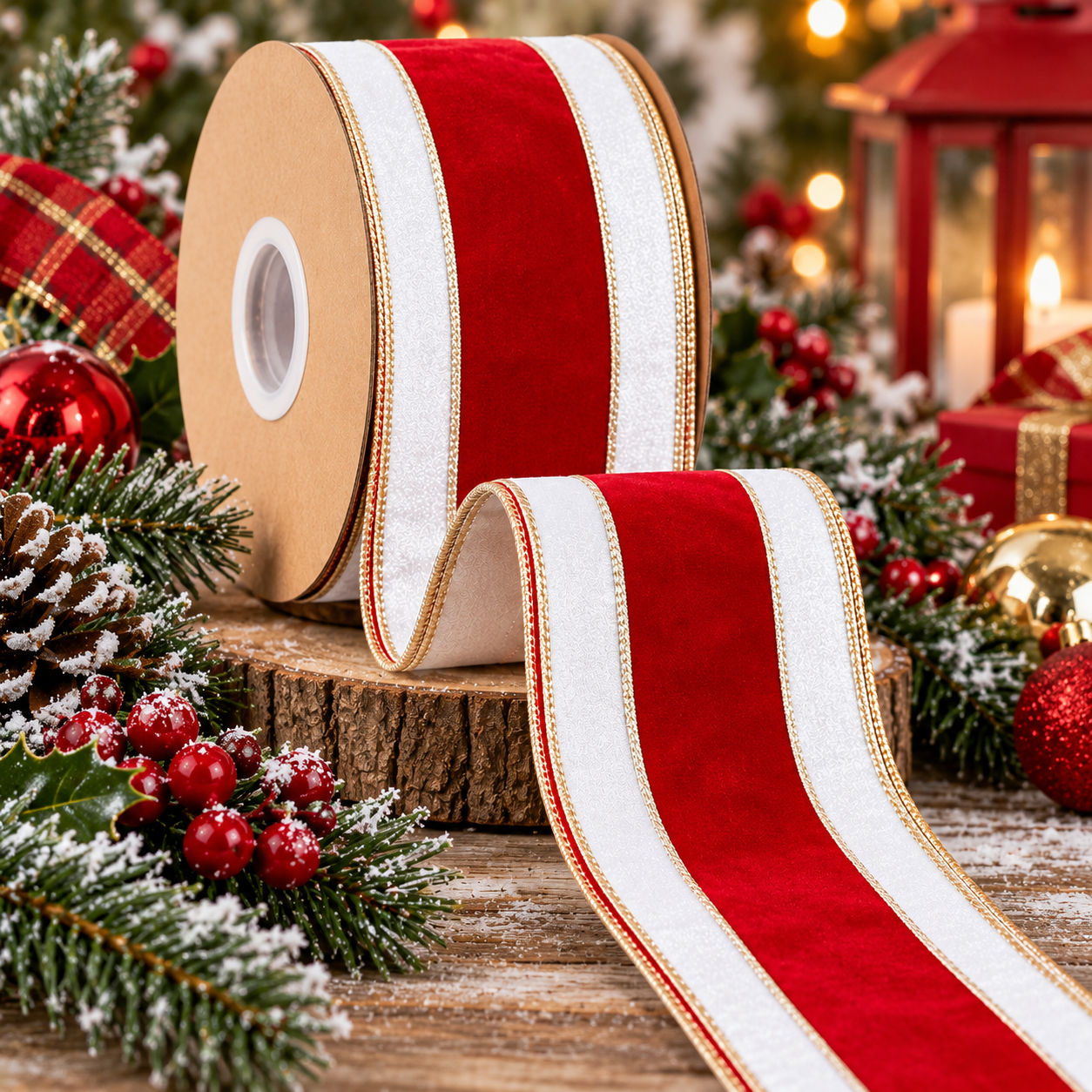 A roll of red and white Christmas ribbon is displayed on a wooden surface, surrounded by pine branches, red berries, and a lantern.