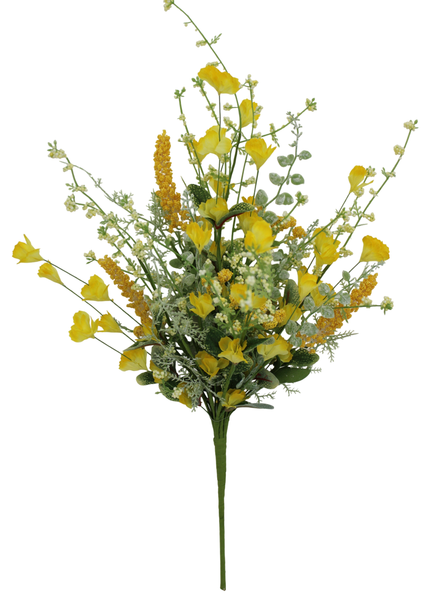 A bouquet of yellow flowers with green stems and leaves, arranged in a visually appealing manner against a black background.
