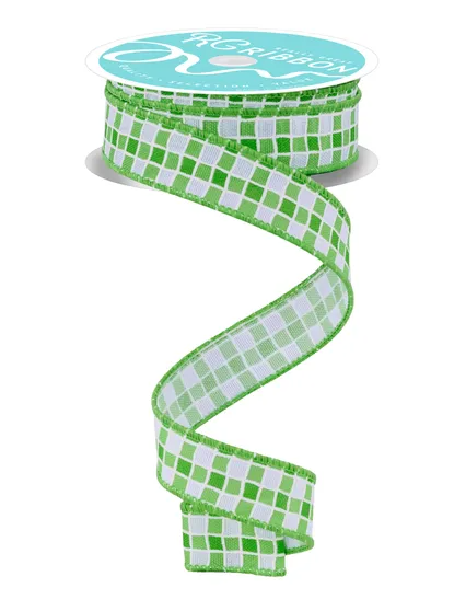 A spiral-shaped green and white checkered ribbon is shown against a white background.