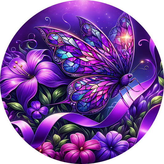 A vibrant, colorful butterfly with intricate patterns and designs is surrounded by a variety of purple and pink flowers, creating a visually striking and enchanting scene.