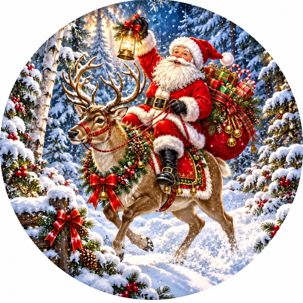 Santa Claus riding a reindeer through a snowy forest, carrying gifts and a lantern.