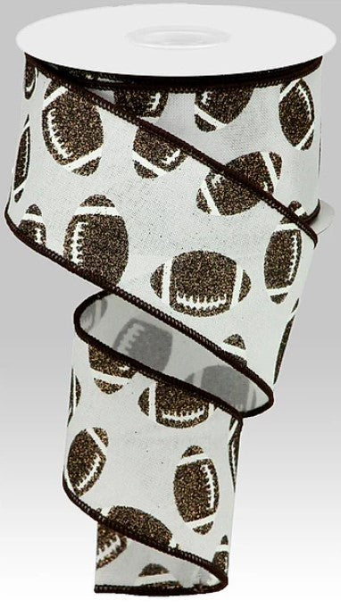 A white football-themed ribbon with a repeating pattern of brown footballs on a white background.