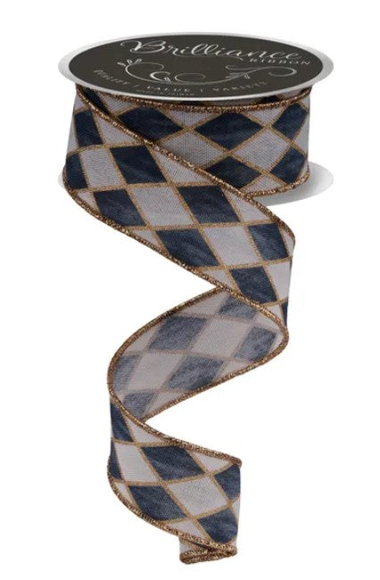 A spiral-shaped ribbon with a diamond pattern in shades of blue and gold, and a black label with white text on top.