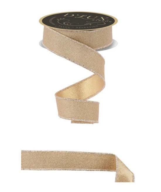 a gold-colored ribbon with a black label, and a smaller piece of the same ribbon.