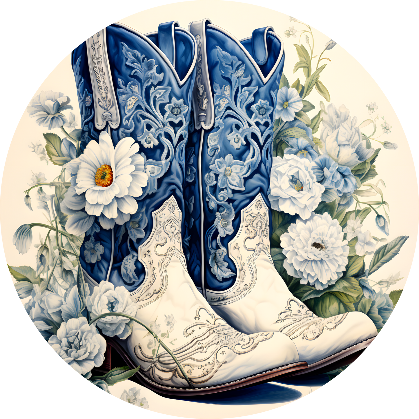 a painting of a pair of cowboy boots surrounded by flowers
