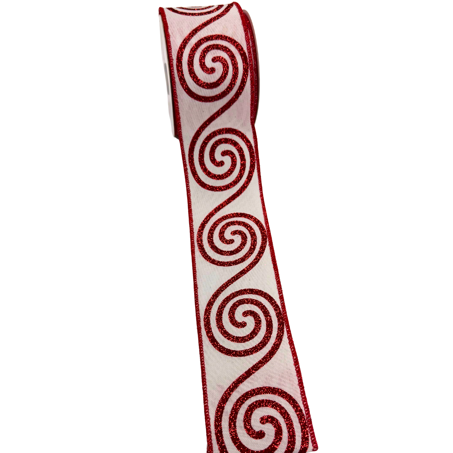 A roll of red and white spiral-patterned ribbon.