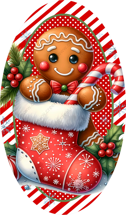 A gingerbread man wearing a red bow tie and holding a candy cane, surrounded by festive decorations such as snowflakes, holly leaves, and berries.
