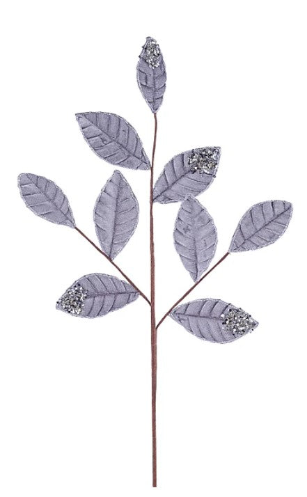 A branch with purple leaves and small white or silver glittery objects attached to it.