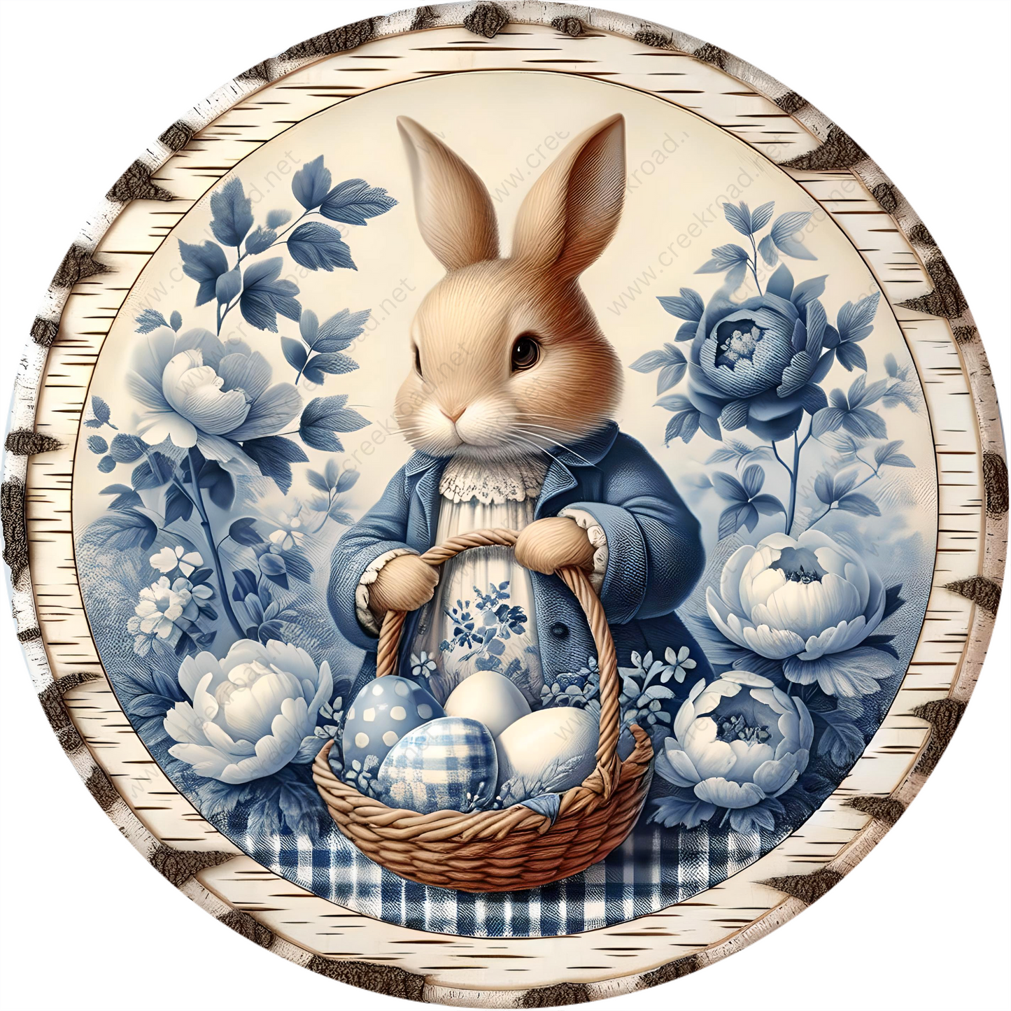 a plate with a rabbit holding a basket of eggs