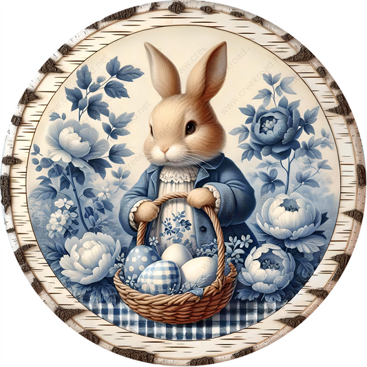 a plate with a rabbit holding a basket of eggs