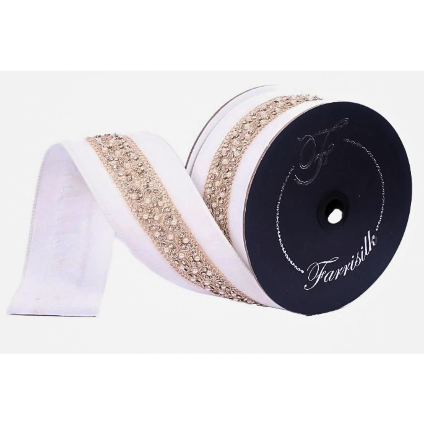 A roll of decorative fabric with a white and gold pattern, featuring a black label with the text "Farrilks" printed on it.