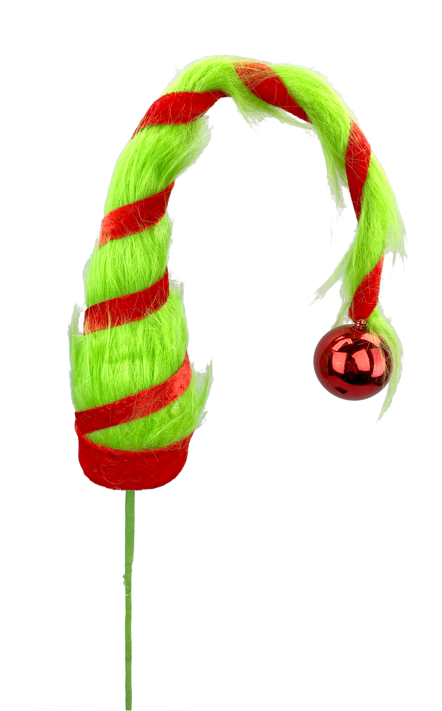 A green and red striped ornament with a red ball attached to it, resembling a Christmas ornament or decoration.