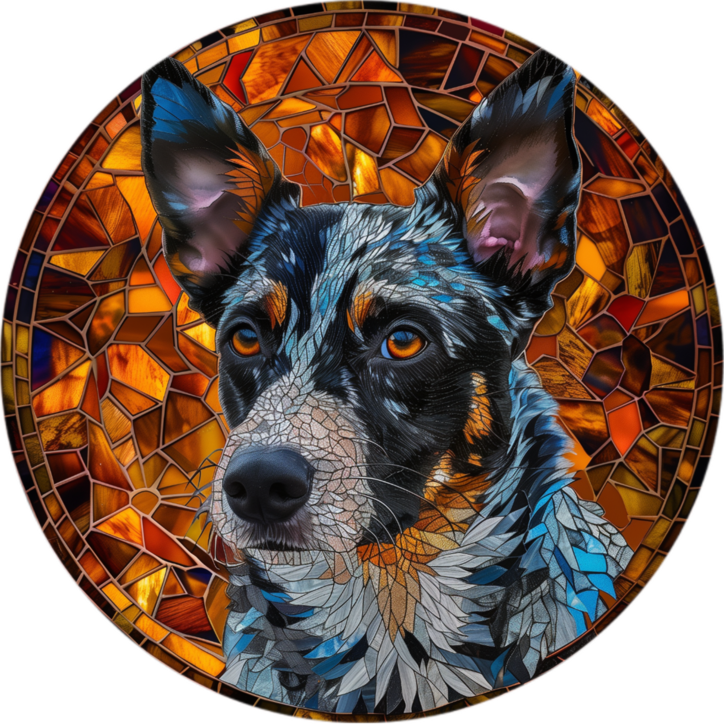 a painting of a dog in a stained glass circle