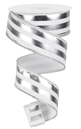 A silver and white striped ribbon is shown in the image.