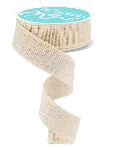 A roll of burlap ribbon with a turquoise label.