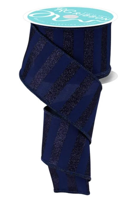 A roll of blue and black striped ribbon with a glittery texture.