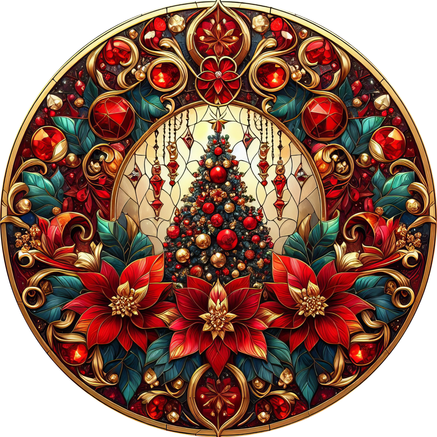 a painting of a christmas tree surrounded by poinsettis