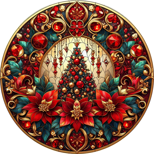 a painting of a christmas tree surrounded by poinsettis