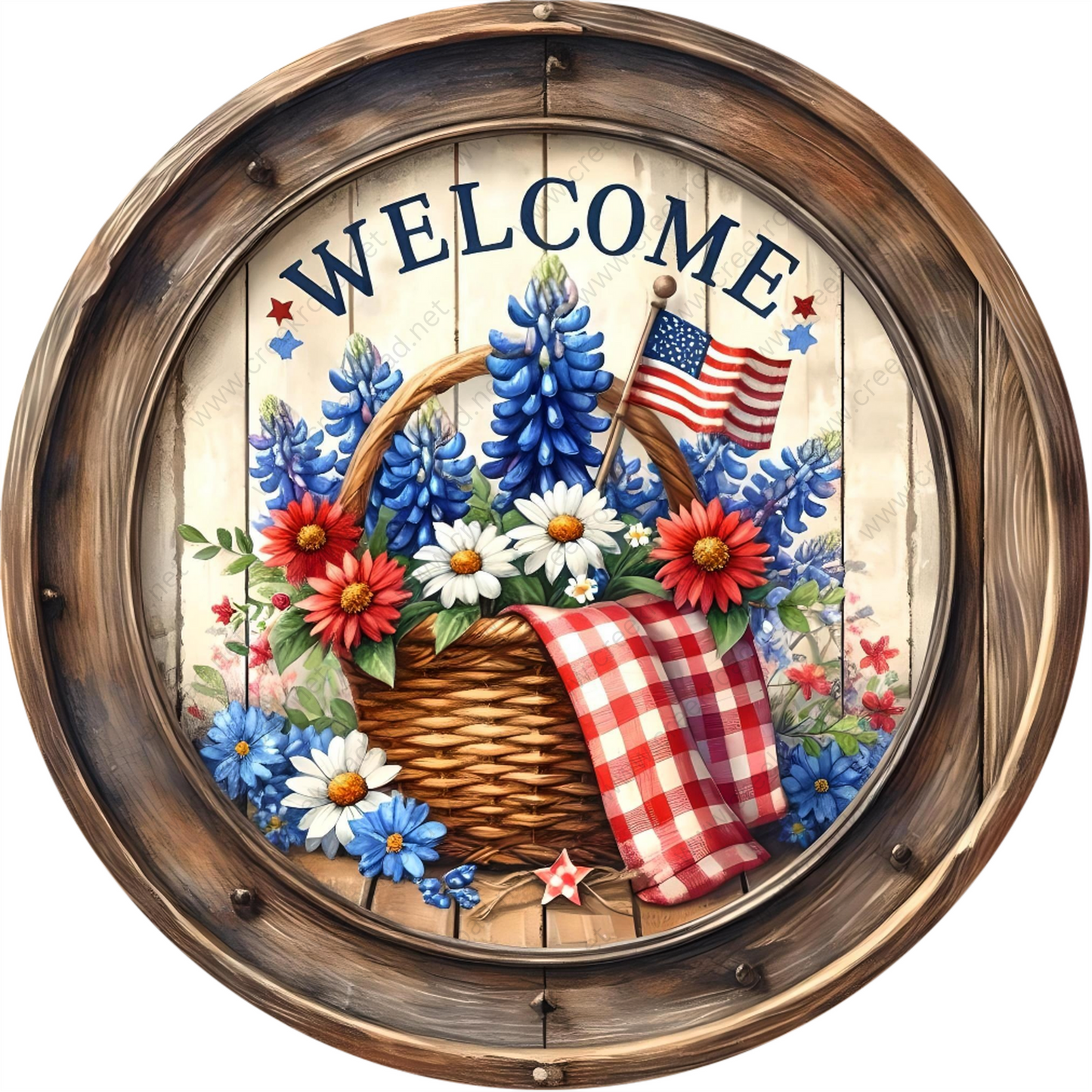 a welcome sign with a basket of flowers and an american flag