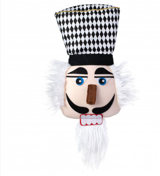 a wooden mask with a hat on top of it