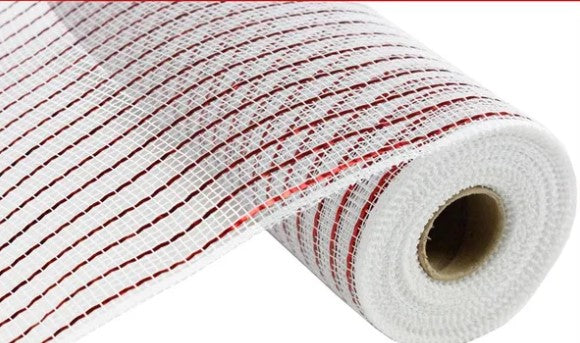 A roll of white and red mesh material.