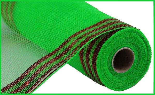 a roll of green mesh fabric with red stripes