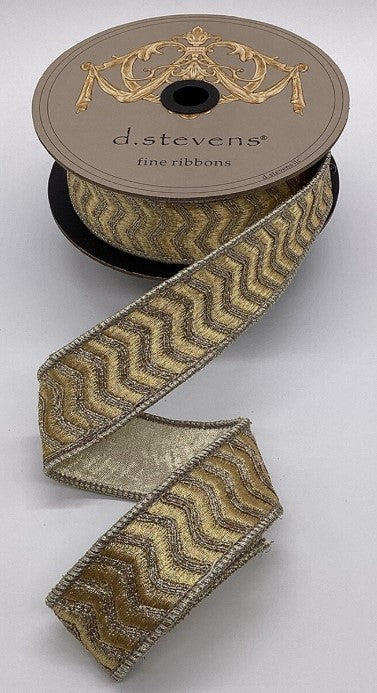1.5" X 10Yd Wired Luxury Fine Ribbon-Metallic Silver Bullion Chevron Wave Pattern, Gold-05-1985