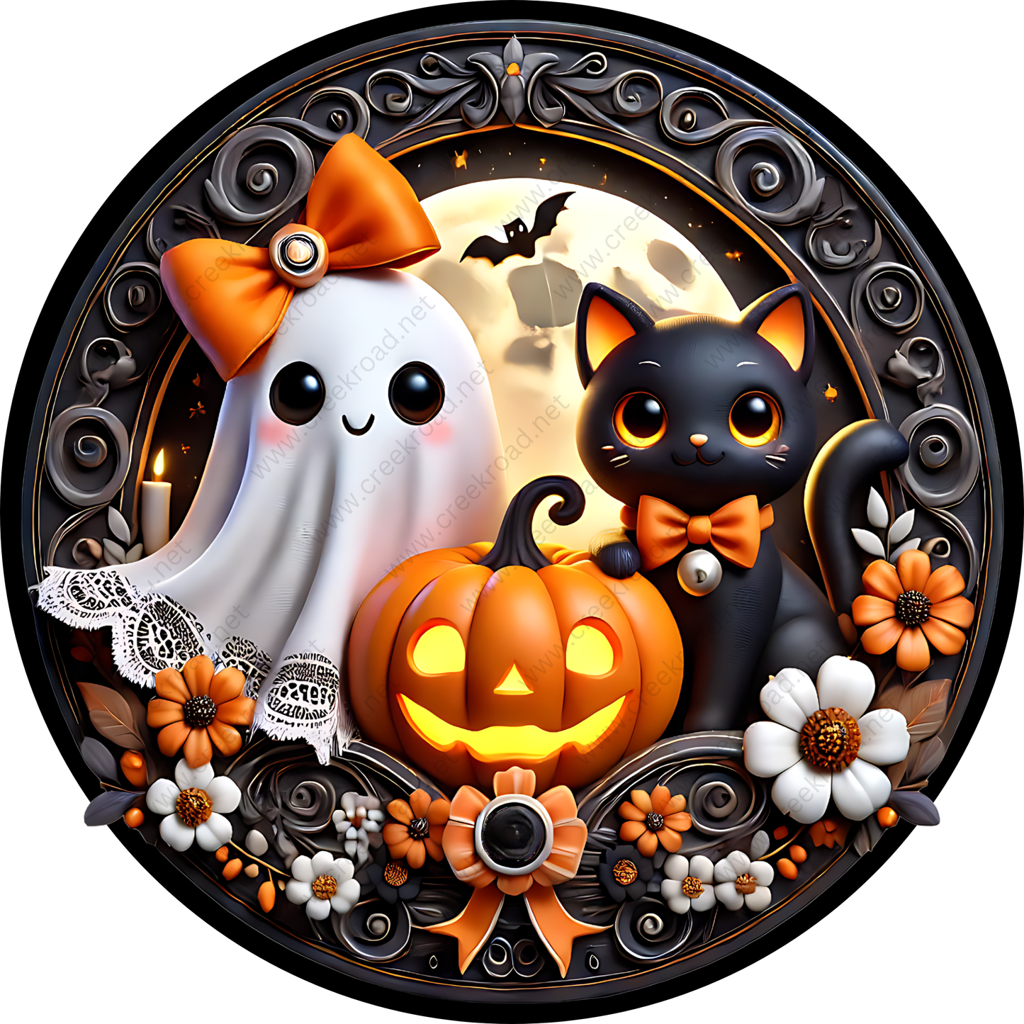Cute Smiling Halloween Ghost, Black Cat & Jack-o-Lantern Sublimated Wreath Sign