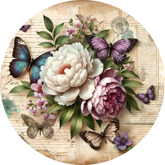 Spring Peony Lavender Cream with Butterflies Sublimated Wreath Sign