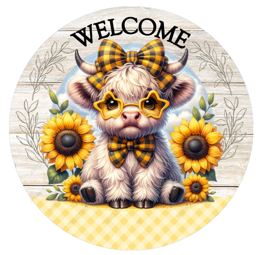 Welcome Sunflower Highland Cow Plaid Bow Sublimated Wreath Sign