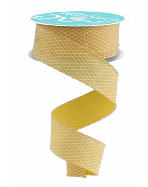 A spiral-shaped yellow and white patterned ribbon is shown against a white background.
