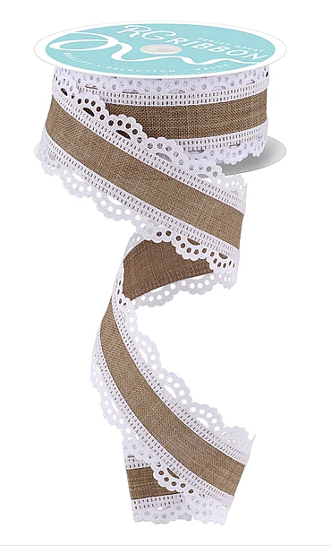 a decorative ribbon with a lace-like pattern and a burlap-like texture. The ribbon is displayed against a white background, and it appears to be a decorative item.