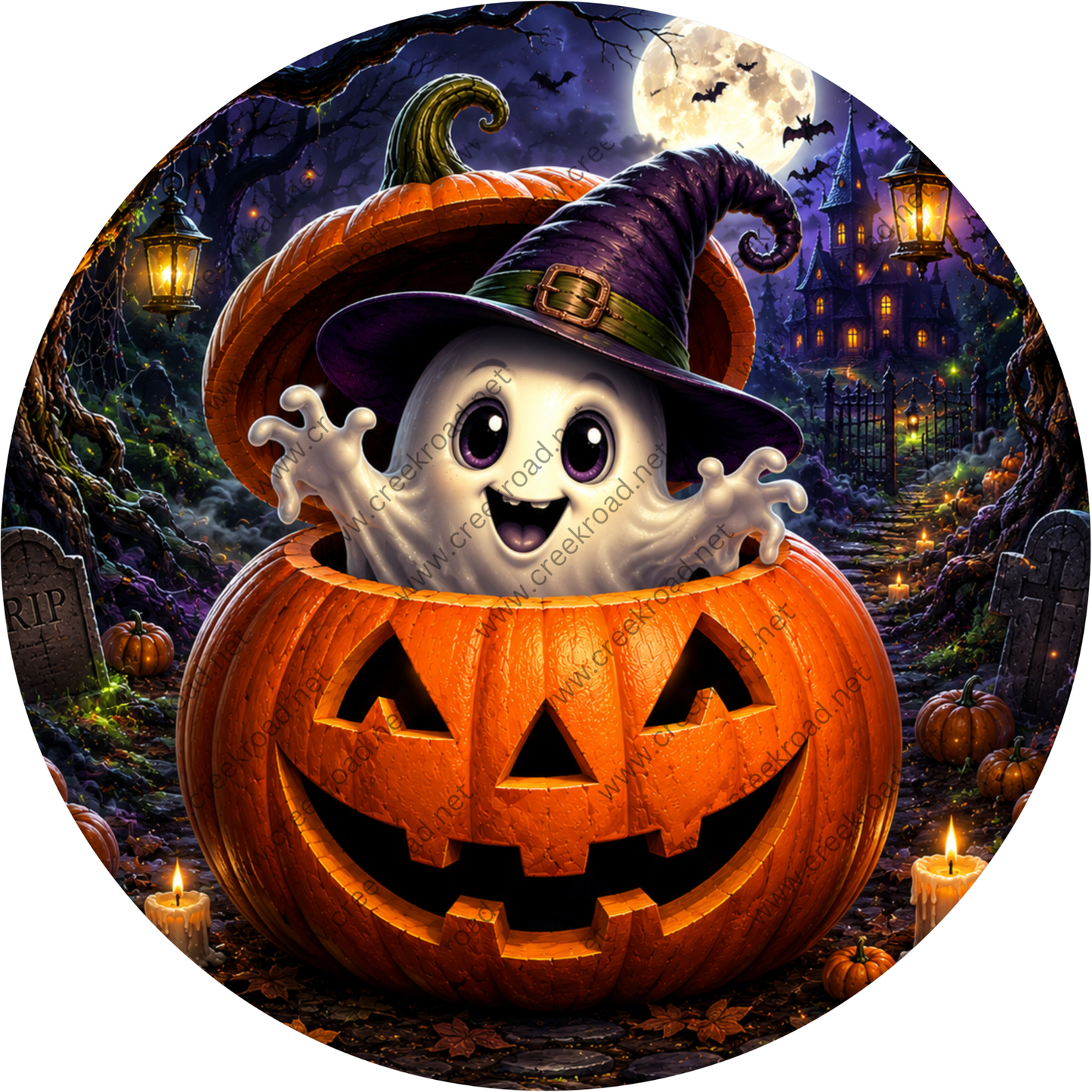 A spooky Halloween scene featuring a ghostly figure peeking out from a carved pumpkin, with a witch's hat, a full moon, and a castle in the background.