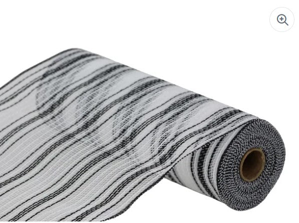 A roll of black and white striped fabric is shown against a white background.
