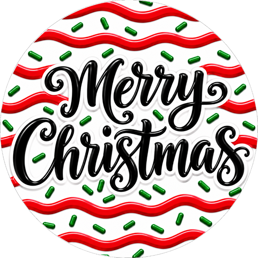 A circular design with the text "Merry Christmas" written in a decorative font, surrounded by red and green confetti-like elements.