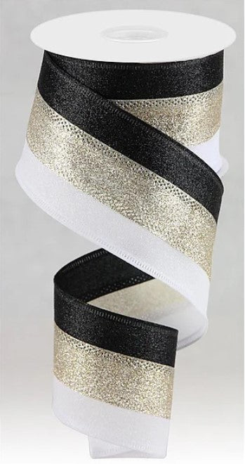 A black, white, and gold glitter ribbon is shown in the image.
