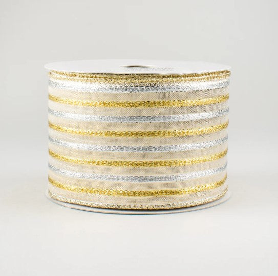 a gold and silver striped ribbon on a white background