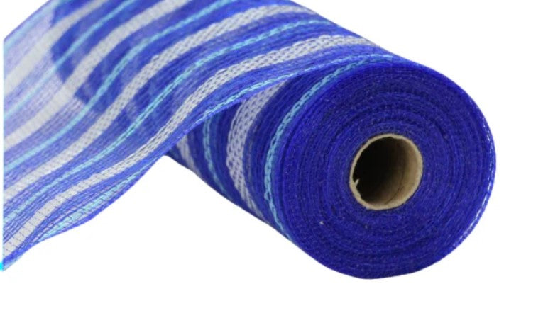 a roll of blue and white striped fabric