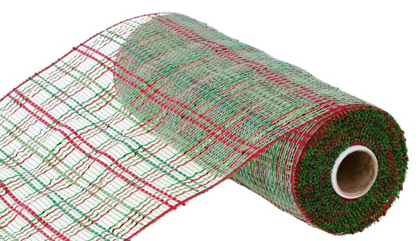 a roll of green and red mesh on a white background