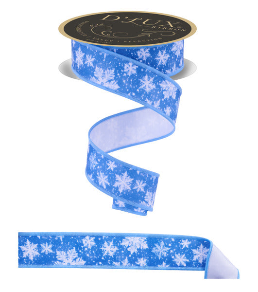 a blue ribbon with white snowflakes on it