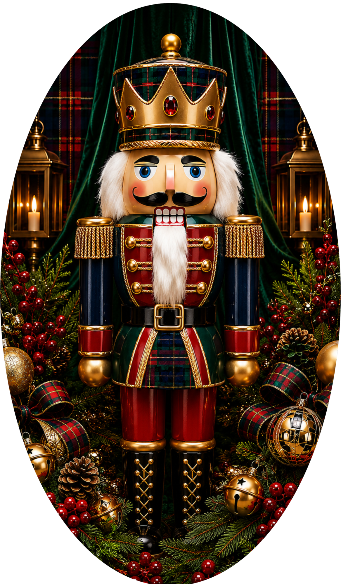 A nutcracker figure wearing a red and gold outfit, with a crown and a white beard, stands in a festive setting surrounded by holiday decorations such as pine cones, ornaments, and a wreath.