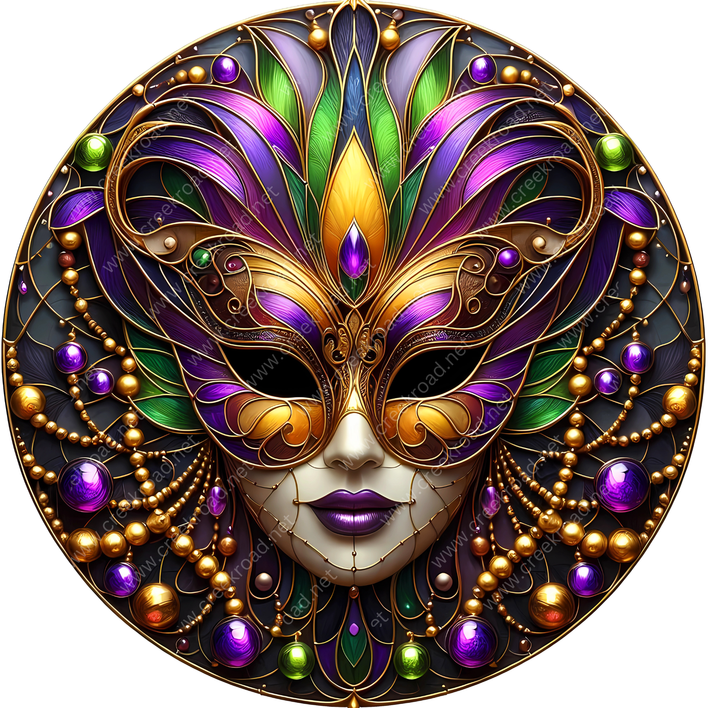 a detailed and ornate mask with intricate designs and patterns, including a combination of purple, green, gold, and black elements.