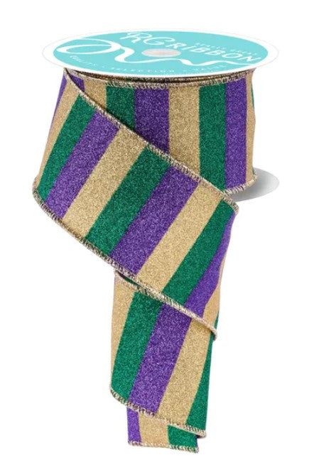 A roll of Mardi Gras ribbon with a multicolored striped pattern in shades of green, purple, and gold.