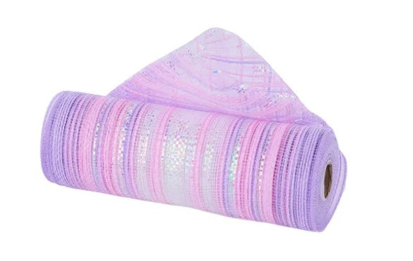 A roll of purple mesh with a pattern of pink and purple stripes.