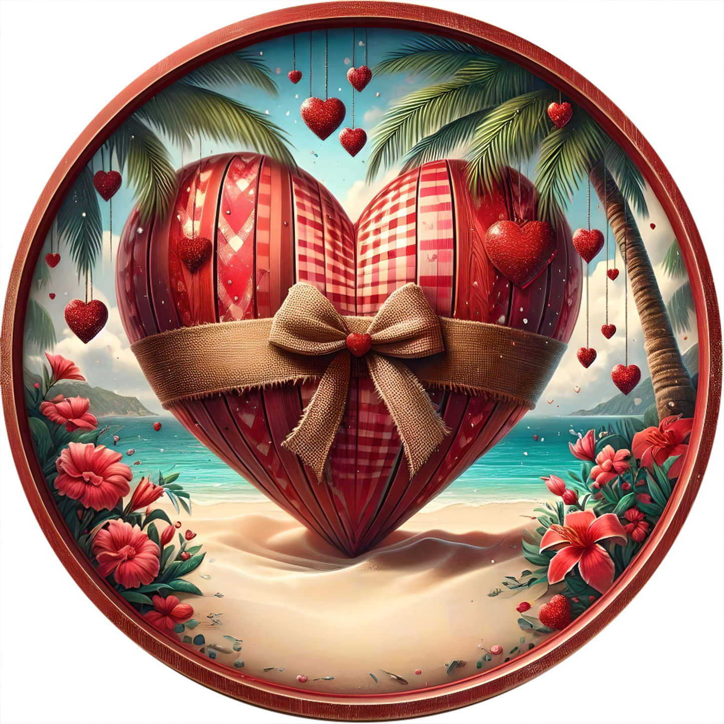 a painting of two heart shaped balloons with a bow