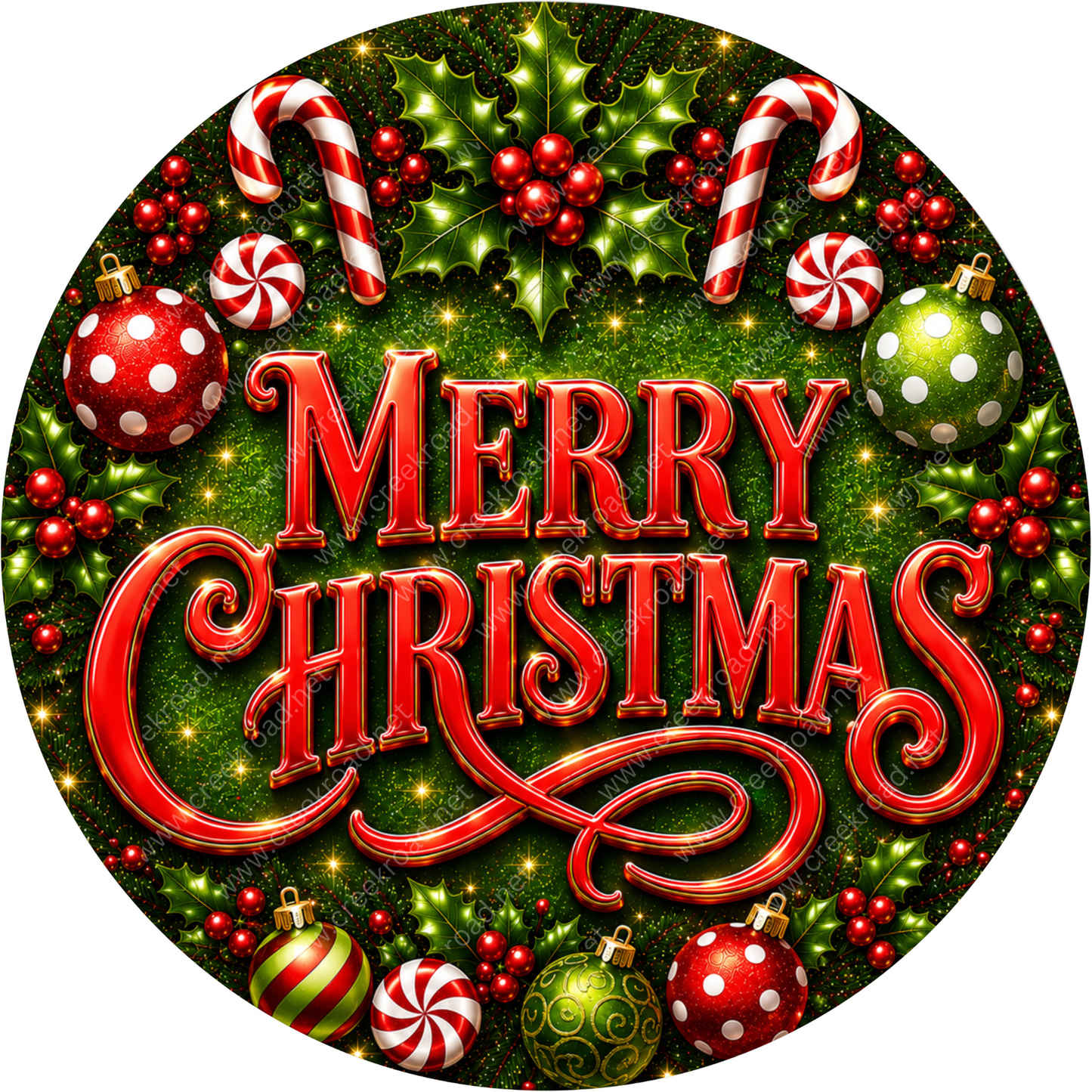 A festive Christmas wreath with various holiday decorations, including candy canes, holly leaves, berries, and ornaments. The text "MERRY CHRISTMAS" is prominently displayed in the center of the wreath.