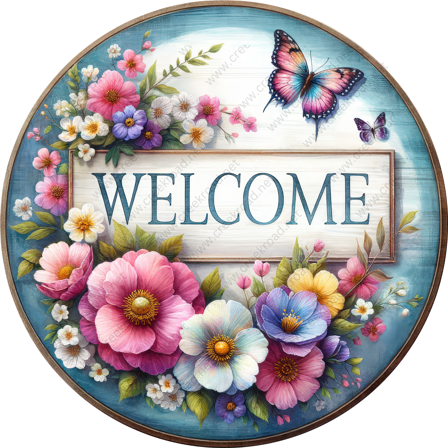 A circular sign with a floral border and a butterfly, surrounded by a variety of colorful flowers.